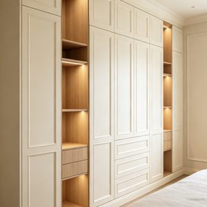 Armoire shaker sur mesure avec tiroirs et étagères ouvertes, meuble de rangement moderne pour chambre à coucher - Product Image 1