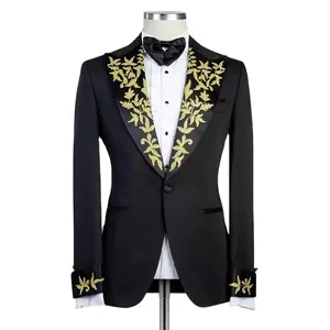 黑色金色贴花结婚礼服修身男装套装缎面尖顶翻领运动夹克单扣正式套装套装夹克长裤