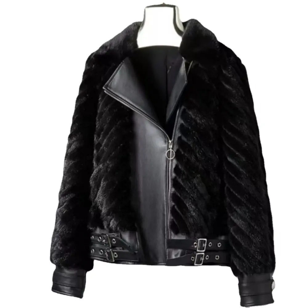 Chaqueta de piel de visón real para mujer, abrigo de cuero negro a la moda, traje de motocicleta de invierno para chica genial