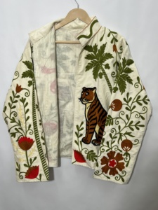 Women's Hand Embroidered Safari Jacket Full Sleeve Mandarin Collar Cotton Floral Animal Pattern Summer Style Woven <b>Fabric</b> - Product Image 3