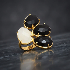 Rhodium Plated Glass Gemstone <b>Ring</b> with Stunning <b>Black</b> and White Color Combination Ethnic Style Third Party Certified - Product Image 3