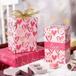 Pink Heart Wrapping <b>Paper</b> <b>Roll</b> 17in x 33ft Reversible Love Gift <b>Wrap</b> For Wedding Anniversary Craft - Product Image 2