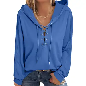 Custom printed Fashion Lace Up Casual Girls Pullover Hoodie Classic V Neck Drawstring Royal Blue Hoodies Sweatshirt