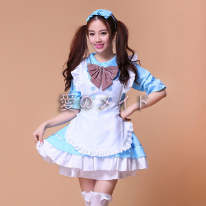 Lolita Maid Costume Sky Blue With Red Bow Apron Cosplay Outfit For Anime Role Play Women - Product Image 1