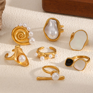 Pearl <b>Rings</b> 18k Gold Plated <b>Titanium</b> Steel Irregular Asymmetrical Geometric Design For Women Everyday Wear - Product Image 1