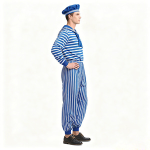 Costume de <span class=keywords><strong>marin</strong></span> pour <span class=keywords><strong>homme</strong></span>, tenue marine classique à rayures bleues et blanches avec chapeau pour Halloween, cosplay et soirées à thème - Product Image 5