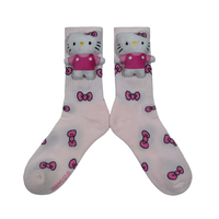 Chaussettes décontractées pour femmes, design tendance, couleur rose personnalisée, motif en tricot avec nœud, chaussettes en coton avec décoration de chat en 3D