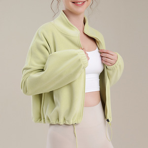 Veste de sport en <span class=keywords><strong>polaire</strong></span> pour <span class=keywords><strong>femme</strong></span>, coupe-vent, en polyester/nylon, haut de yoga, <span class=keywords><strong>pull</strong></span> de fitness ample à cordon de serrage, à manches longues, couleur unie - Product Image 2