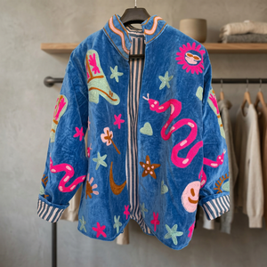 Chaqueta de Mujer Estilo Y2K, Azul Rey, de Terciopelo, Bordada a Mano, con Patrón Floral Acolchado, Cuello Alto y Manga Larga - Product Image 3