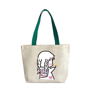Cartoon Girl Printed Canvas Tote <b>Bag</b> Green Handle Eco-Friendly <b>Recyclable</b> Reusable Shopping <b>Bag</b> for Students Daily Use - Product Image 1