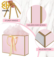 Sacs cadeaux de luxe en papier rose artistique avec bordure dorée et poignées torsadées - Boîtes cadeaux recyclables, papier de soie, cartes de vœux pour mariage et anniversaire