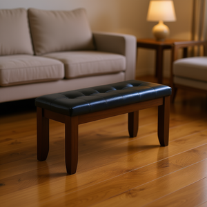Banco Moderno Acolchado con Asiento de Cuero Sintético, Patas de Madera Cónicas, Acabado Marrón Cereza, Taburete Otomano para Dormitorio o Sala de Estar - Product Image 2