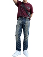 Nouveau Jean en Denim à Carreaux Damier pour Homme 2026 – Coupe Droite, Style Streetwear Hip Hop Vintage Délavé