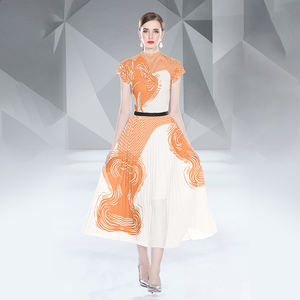 高品质批发时尚两件套短袖褶皱梭织雪纺百褶裙自然腰线可水洗女式连衣裙 - Product Image 3