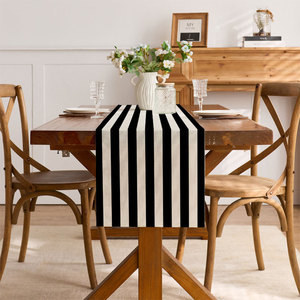 Chemin de table personnalisable en polyester tissé 100% avec imprimé géométrique à rayures noires et blanches, résistant à l'huile - Product Image 2