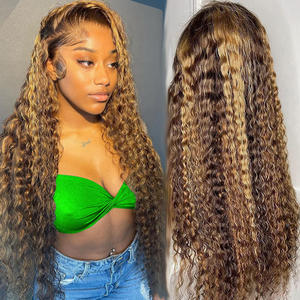 Prezzo all'ingrosso Super doppio disegnato parrucche vergini capelli umani pizzo anteriore, capelli umani senza colla capelli ricci Highlight P4/27 - Product Image 2