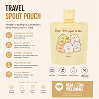 Pochette de voyage réutilisable avec bec verseur |   Sac liquide personnalisé à fond plat |   pour shampooings, soins de la peau et cosmétiques |   Emballage format voyage