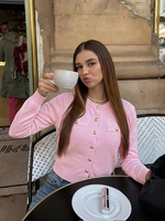 Cárdigan Elegante de Punto con Botones Dorados para Mujer, Chaqueta Corta de Mezcla de Viscosa, Personalizable para Uso Diario, Casual o Festivo