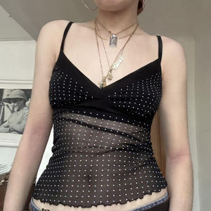 Women Sexy <b>Lace</b> Splice Crisscross V Neck Polka Dot Spaghetti Strap Camisole Slim Fit Short Trendy Summer Vest <b>Top</b> - Product Image 2