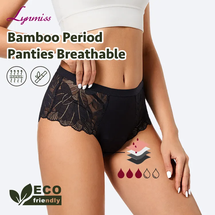 Venta al por mayor de encaje Bragas menstruales Mujeres Sexy Transpirable Panti Período A prueba de fugas de cintura alta de bambú Período Ropa interior