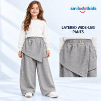Smiledotkids Pantalon de survêtement large personnalisé pour enfants, gris, avec bouton asymétrique superposé, taille élastique, doux, OEM ODM, vente en gros pour tout-petits