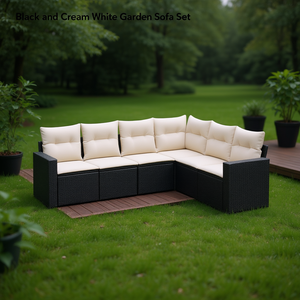 Conjunto de Sofás de Jardín Modernos para Exteriores, Ratán PE Negro con Cojines Color Crema, Diseño Contemporáneo Impermeable - Product Image 2