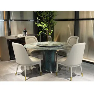 Villa high quality Italian luxury marble stone with lazy suzan top wooden base round dining table