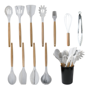 Marble <b>Kitchen</b> Tools Cookware Wares <b>Accessories</b> Wooden Bamboo Silicone Appliances and Cooking Utensils <b>Set</b> With Holder Organizer - Product Image 2
