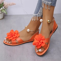 Sandales plates pour femmes avec décoration florale 3D, bout ouvert, bride arrière, chaussures décontractées d'été