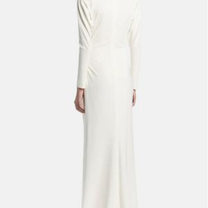 Robe longue décontractée blanche pour femme, col en V, manches longues, fendue sur le côté, en tissu printemps-été, mode féminine - Product Image 4