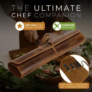 Zy Durable Leather Chef <b>Roll</b> <b>Bag</b> Portable 4-Slot Culinary <b>Tool</b> Carrier Luxury Chef's Knife Case Holder for Gifts - Product Image 3