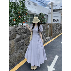 Vestido de Verano Estilo Francés con Cuello en V, Manga Corta, Cintura Alta, Corte A y Falda Larga para Mujer, Ligero e Informal - Product Image 2