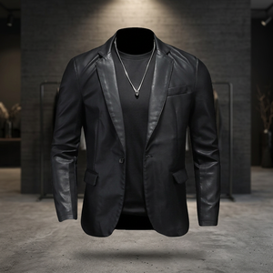 <b>Men's</b> Slim Fit PU Leather Blazer Black Turn-down Collar Single Button <b>Smart</b> Casual <b>Jacket</b> Autumn Style - Product Image 2