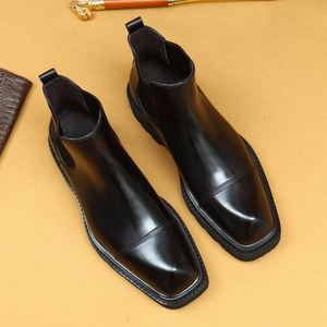 Bottes Chelsea pour hommes, trois œillets, semelle épaisse, cuir véritable, hauteur mi-mollet, style rétro britannique - Product Image 2