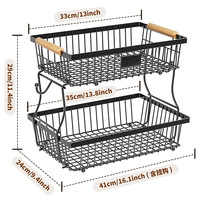 Panier de rangement en fil métallique à 2 niveaux avec poignée en bois, organiseur de fruits détachable pour comptoir de cuisine, salle de bain, collations