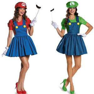 Combinaison-jupe en coton pour femme Mario, tenue de cosplay adulte, rouge et vert, faux deux pièces, avec barbe et chapeau - Product Image 1