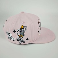 Casquette Snapback Y2K Street Skateboard rose clair avec broderie de dinosaure de dessin animé sur toute la surface, casquette ajustable à visière plate pour adolescents