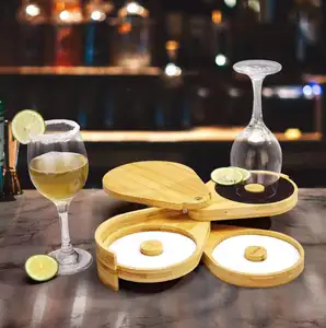 Rimmer de vidrio de bambú de 3 niveles Margarita Salt Suger Rimmer Set con esponjas para caja de condimentos de cóctel para barman