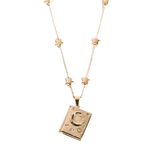 Collana con Ciondolo a Forma di Cuore Apribile '<span class=keywords><strong>Sei</strong></span> la Mia Anima Gemella' in Ottone Placcato Oro 14K con Stella e Luna - Product Image 1