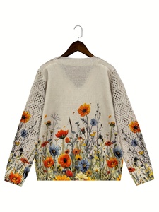 Maglione da Donna in Maglia Traspirante con Motivo Floreale Papavero, Collo a V, Inserti in Rete Pointelle, Top Patchwork, 100% Poliestere, Stampa Digitale Fiori Selvatici, Collezione Primavera 2026 - Product Image 5