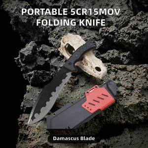 Couteau de chasse en acier Damas, lame dentelée à pointe tombante, manche en plastique avec étui, qualité industrielle, usage extérieur - Product Image 2