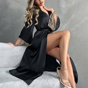 Bata de satén de seda con encaje en contraste, sexy, holgada, cómoda, de manga larga, ropa de dormir para mujer - Product Image 4