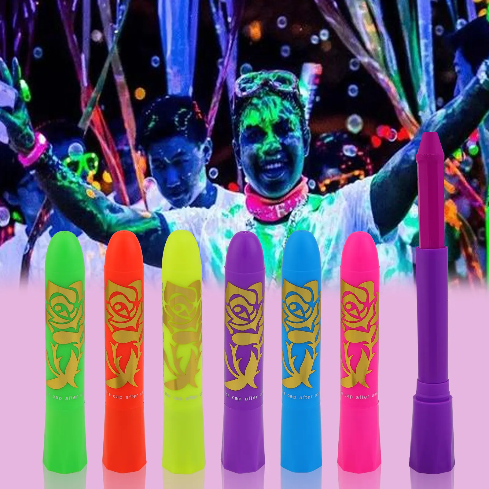 Niet-Giftige Glitter Glow In Dark Light Body Neon Uv Face Paint Voor Kinderen Volwassenen Halloween Make-Up Kleuren Face Paint Stick