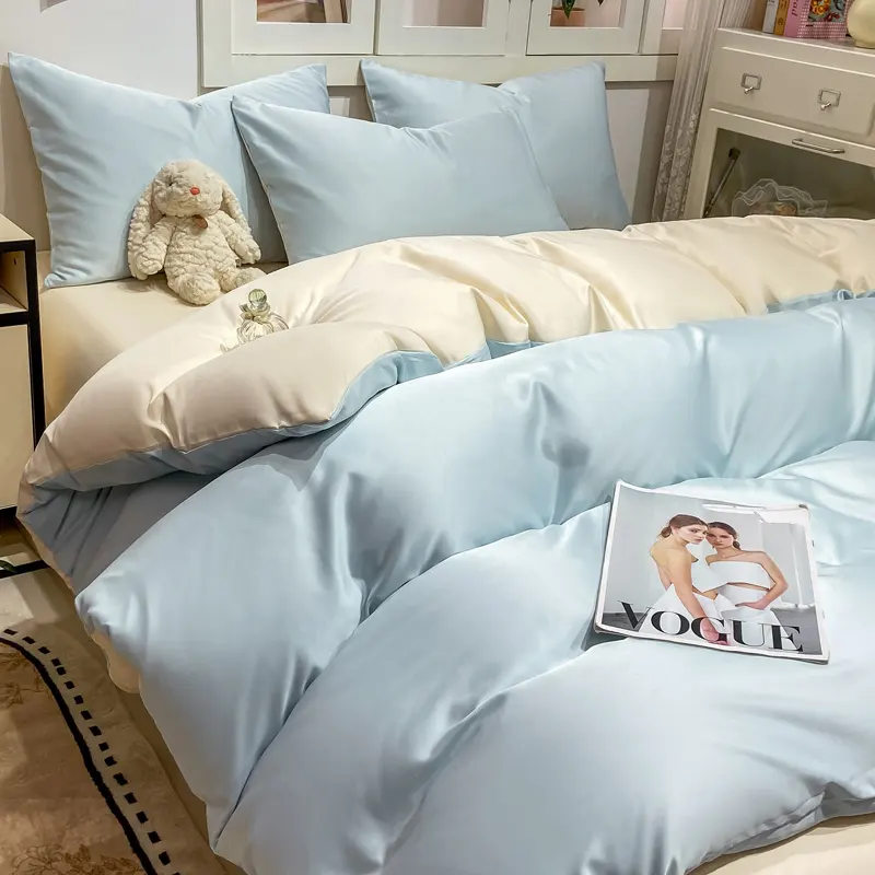 Seperai tempat tidur mewah, set 4 buah warna solid mantra ganda Barat, set tempat tidur mewah, set seprai bambu, hotel