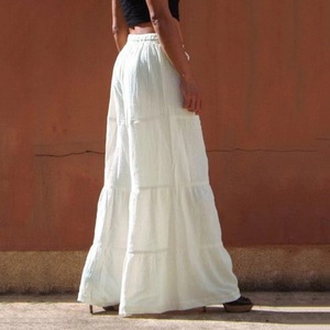 กางเกงขาบานลูกไม้สีทึบสำหรับผู้หญิงกางเกงเอวยางยืดสำหรับฤดูร้อนกางเกงทรงหลวมมีจีบ - Product Image 3