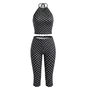 Viviblook D26ST222 Women <b>Set</b> <b>Sexy</b> Polka Dot Printed Drawstring Halter Tank Top Tight Fitting Cropped Pants Two Pieces <b>Set</b> - Product Image 4