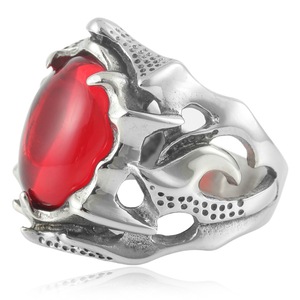 yunnique <b>Titanium</b> Steel Hollow Red Gemstone <b>Ring</b> Retro Punk Oval Stone Unisex Jewelry Gift - Product Image 3
