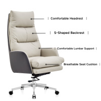 Chaise de bureau de direction ergonomique à dossier haut en cuir PU blanc, pivotante, réglable en hauteur, avec coussin respirant pour longues heures