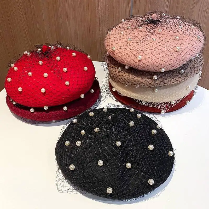 Boina de lana con logotipo personalizado con cuentas de perlas de malla, boina Retro para otoño e invierno, sombrero bordado para mujer, boina de invierno