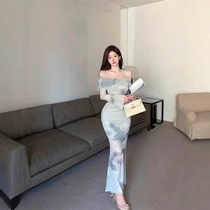 Off Shoulder Mesh Long Sleeve Dress Women Summer Slim Fit Bodycon Fishtail Printed Flower Chinoiserie Evening Dress - Product Image 5